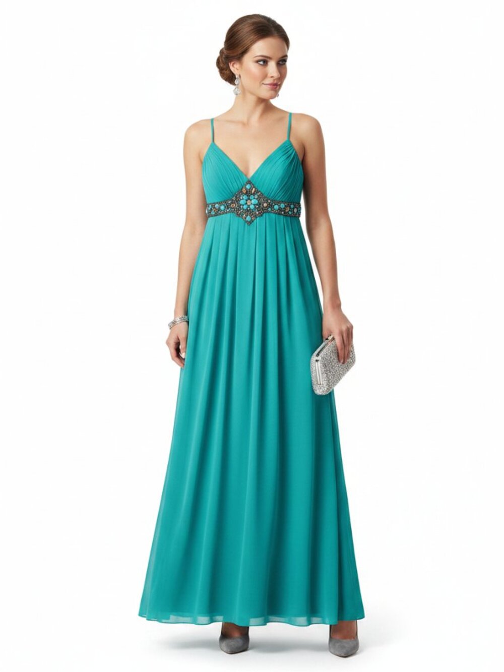 Adrianna Papell  100% Silk Crepe Blue Embellished‎ Sleeveless Maxi Long Dress 8